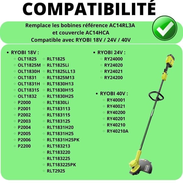 Trimmertråd - Ryobi - AC14RL3A - Ø 1,65mm - L 3,35m - Pack av 6 + 1 lock svart och blått