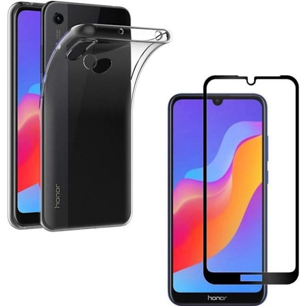 Huawei HONOR 8A Skal - Transparent Mjuk Silikon + Helhärdat Glas Skärmskydd med Svart Kant [Phonillico®]