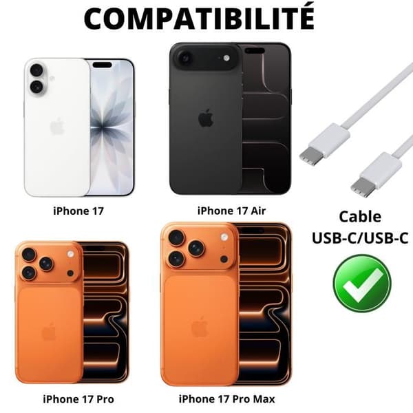 USB-C USB-C-kabel för iPhone 17 / iPhone 17 AIR / iPhone 17 PRO / iPhone 17 PRO MAX - 2 meter flätad nylonkabel Phonillico® Vit