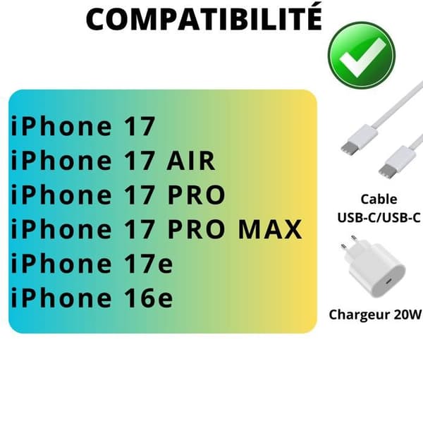 Hurtigoplader 20W + USB-C til USB-C kabel 2 meter til iPhone 17/17 AIR/17 PRO/17 PRO MAX/17e/16e Phonillico® Vit