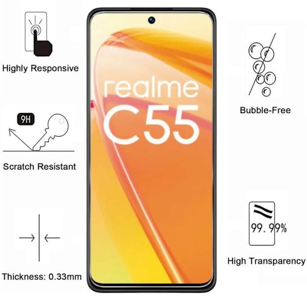 Karkaistu Lasi Realme C55 4G:lle [Paketti 2] Näytön Suojakalvo Phonillico® Transparent