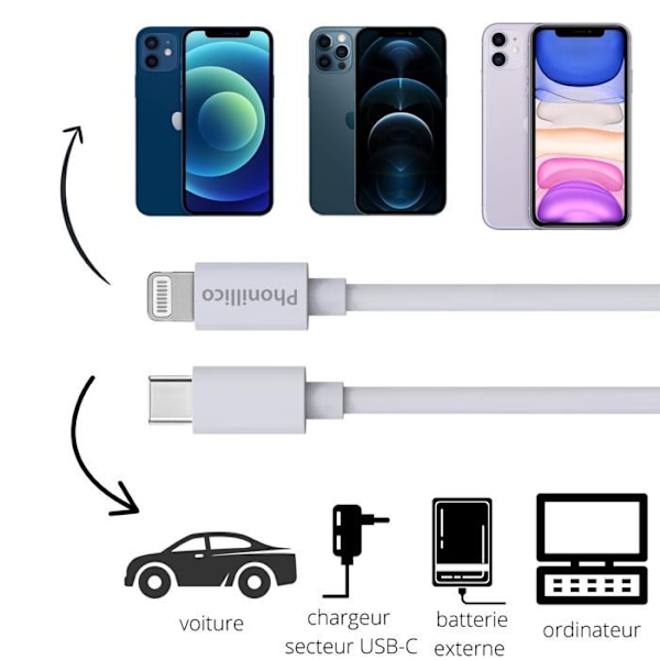 Lot 2 Kablar 20 cm USB-C Lightning Laddare Vit för iPhone 12 / 12 MINI / 12 PRO / 12 PRO MAX / 11 / 11 PRO / 11 PRO MAX / SE Phonillico