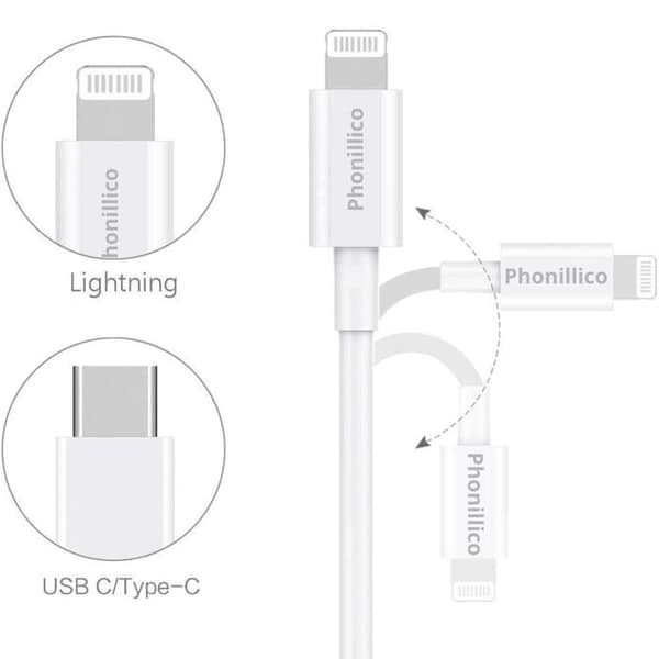 Hurtiglader 20W - Phonillico - USB-C Lightning - 1 meter - Kompatibel med Airpods Pro/Max Vit