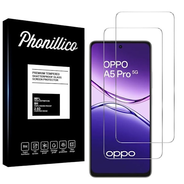 Vahvistettu lasi Oppo A5 Pro 5G:lle [Pakkaus 2] Näyttösuojakalvo Phonillico® Transparent