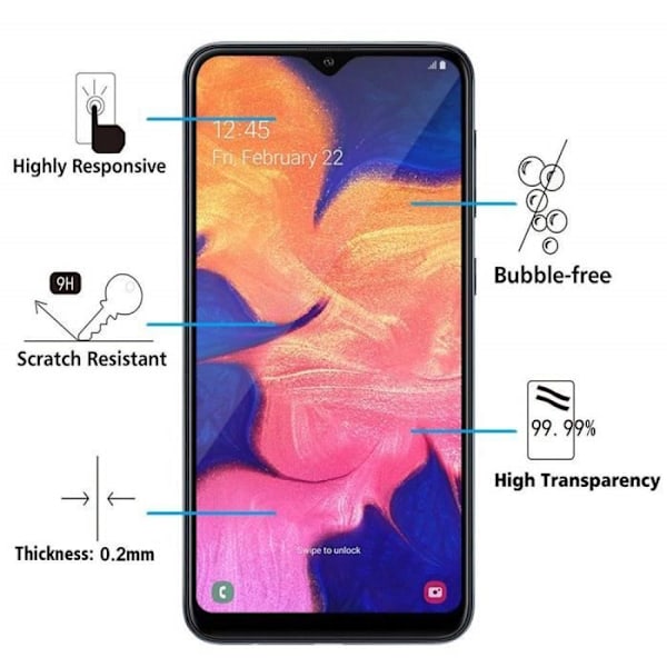 Hærdet glas til Samsung Galaxy A10 [Pakke 2] Fuld gennemsigtigt film med sort kant Skærmbeskyttelse Phonillico® Transparent, svart