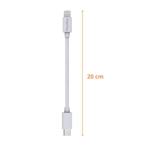 Kabel 20cm USB-C Lightning Laddare Vit för iPhone 14 / 13 / 12 / 11 / SE / X / XR / 7 / 8 / 6 / 5 / AirPods Phonillico