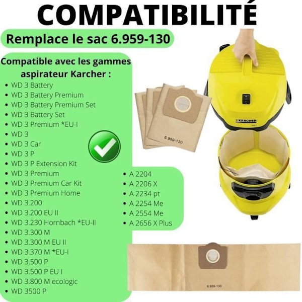 Säck för Karcher WD3 WD3 Battery WD3 Premium A2204 Dammsugarpåse ersättning 6.959.-130 [Pack 10] Phonillico®