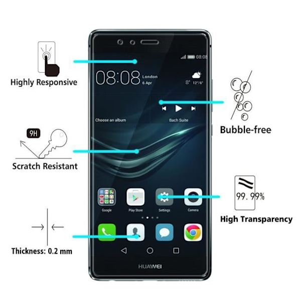 Skærmbeskyttelse - Phonillico® - HUAWEI P9 - hærdet glas - Anti-ridse - Gennemsigtig Transparent