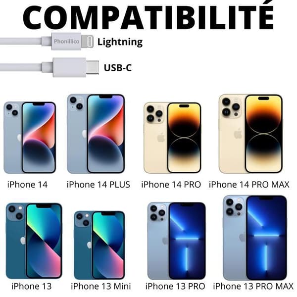 Kabel 20cm USB-C Lightning Laddare Vit för iPhone 14 / 14 PLUS / 14 PRO / 14 PRO MAX / 13 / 13 MINI / 13 PRO / 13 PRO MAX Phonillico
