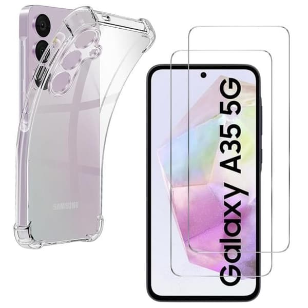 Stødabsorberende etui til Samsung Galaxy A35 5G og 2 hærdede glas skærmbeskyttelse Phonillico® Transparent