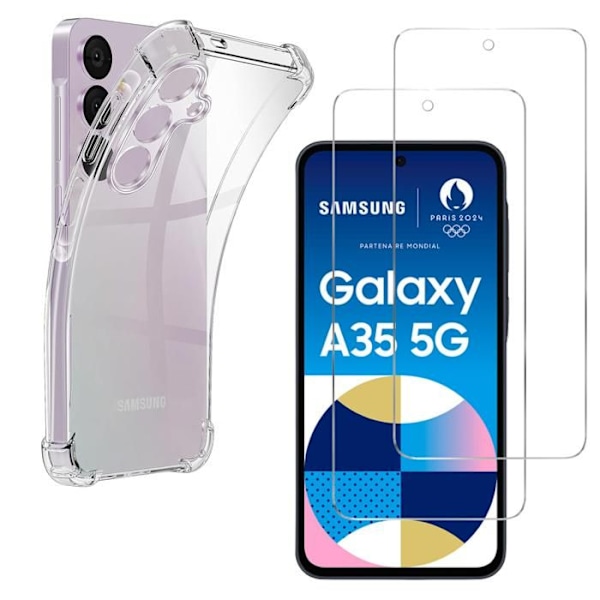 Stöttålig skalskydd - Phonillico® - Samsung Galaxy A35 5G - Mjuk Silikon - 2 Härdade Glas - Förstärkt Skydd Transparent