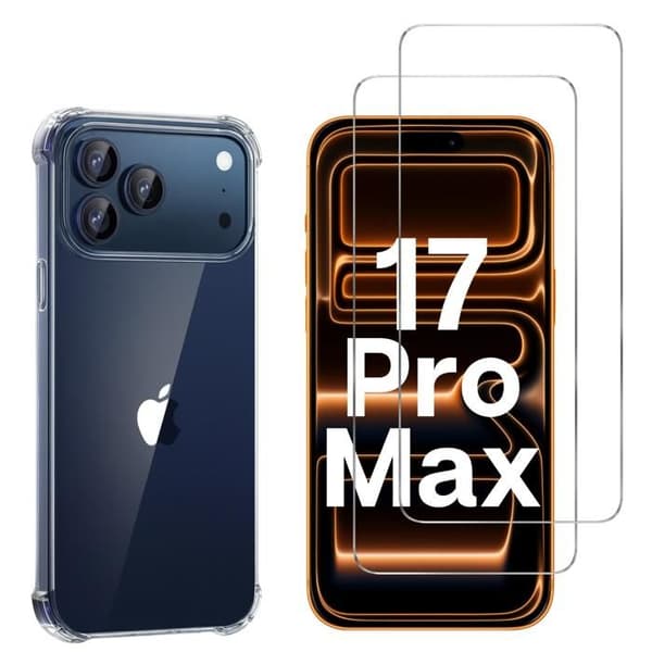 Stødabsorberende coque til iPhone 17 PRO MAX og 2 hærdet glas skærmbeskyttelse Phonillico® Transparent