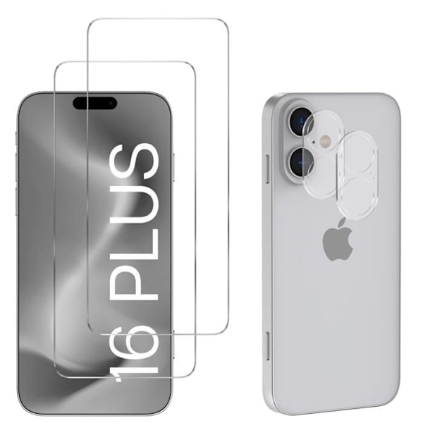 Hærdet Glas - Phonillico® - iPhone 16 PLUS - Pakke 2 - Skærm- og Kamerabeskyttelse - Ridsefast Transparent