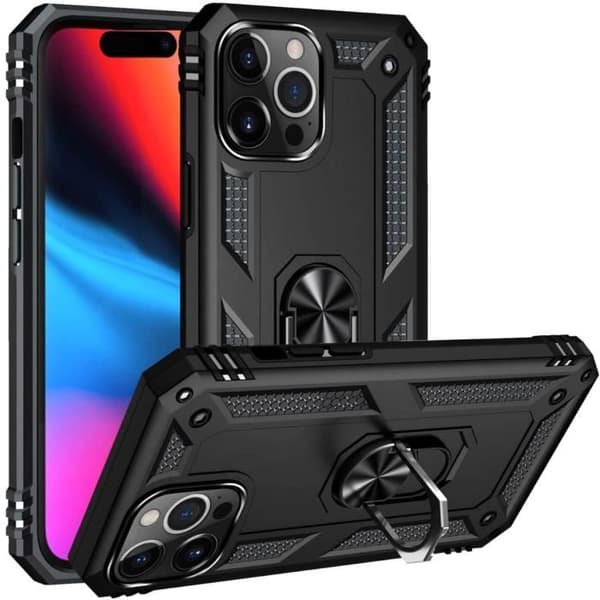 Coque Noir til iPhone 14 PRO - Stødabsorberende Militærstil Robust 360 Rotérbar Ring Phonillico® Svart