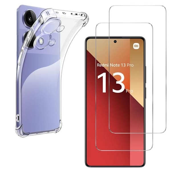 Iskunkestävä kuori - Phonillico® - Xiaomi Redmi Note 13 Pro 4G - Pehmeä silikoni - Kirkas - 2 tekemällä vahvistettua lasia Transparent