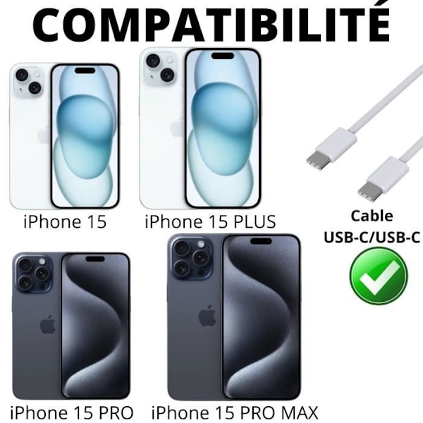 Lot 2 USB-C till USB-C-kablar för iPhone 15 - 15 PLUS - 15 PRO - 15 PRO MAX - Nylonflätad kabel 1 meter Phonillico®
