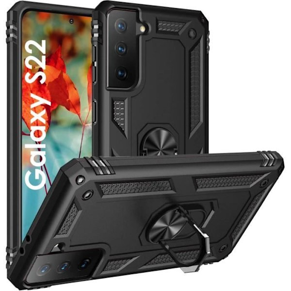 Coque Noir til Samsung S22 5G - Stødabsorberende Beskyttelse Militær Style Robust Ring 360 Rotations Phonillico® Svart