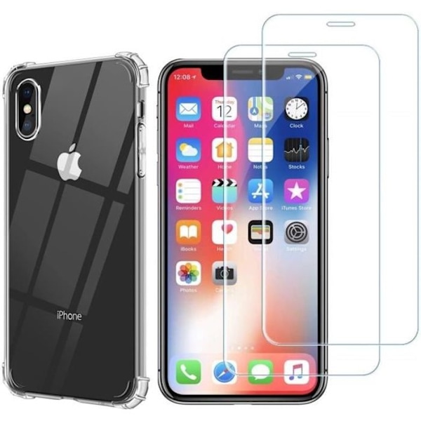 Stöttålig skal - Phonillico® - iPhone X / XS - Mjuk silikon - 2 härdade glas - Förstärkt skydd Transparent