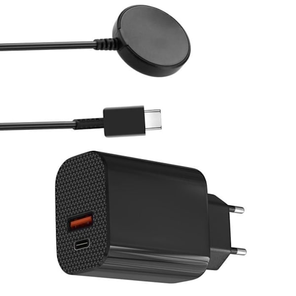 Strømadapter 12W + USB-C Kabel Kompatibel med Samsung Galaxy Watch 6 / Watch 5 / Watch 4 / Watch 3 / Active Phonillico® Svart