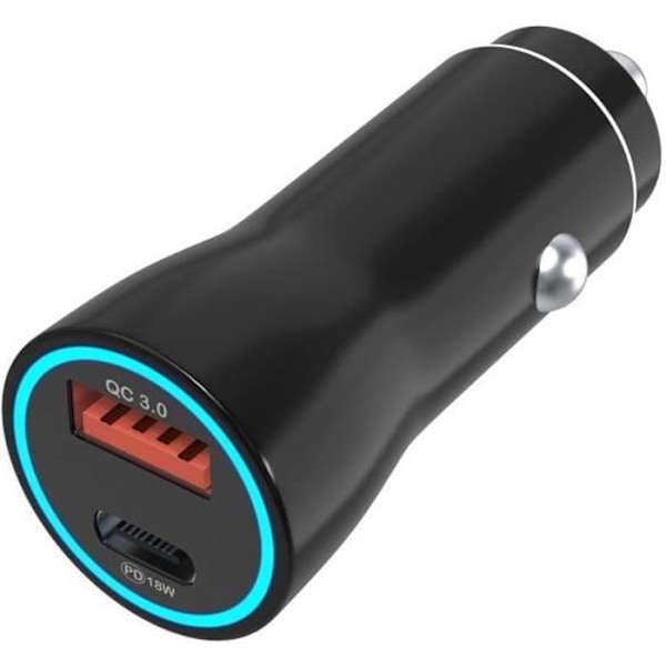 Hurtigbiloplader til iPhone 14/14 PLUS/14 PRO/13/13 PRO/MAX/12/11/SE/XR/X/8/7/6 Cigaretterstik USB port USBC Phonillico® Svart