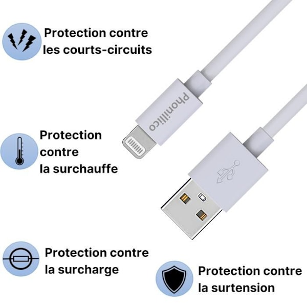 Kabel 20 cm USB Lightning Laddare Vit för iPhone X/XS/XS MAX/XR/7/7 PLUS/8/8 PLUS/6/6S/6 PLUS/6S PLUS/5/5S/SE/AirPods Phonillico