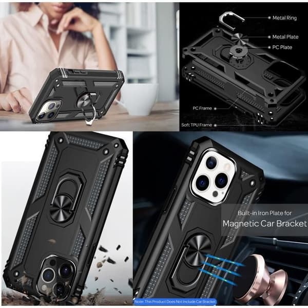 Coque Noir til iPhone 14 PRO - Stødabsorberende Militærstil Robust 360 Rotérbar Ring Phonillico® Svart