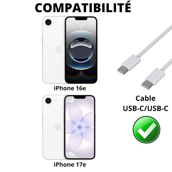 USB-C till USB-C-kabel för iPhone 17e / iPhone 16e - 2 meter flätad nylonkabel Phonillico® Vit