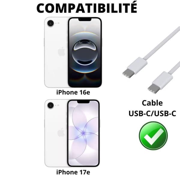 USB-C USB-C -kaapeli iPhone 17e / iPhone 16e - 2 metrin punottu nailonkaapeli Phonillico® Vit