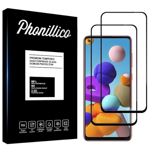 Hærdet Glas - Phonillico - Samsung Galaxy A21S - Pakke med 2 - Transparent - Sort Kant Transparent, svart