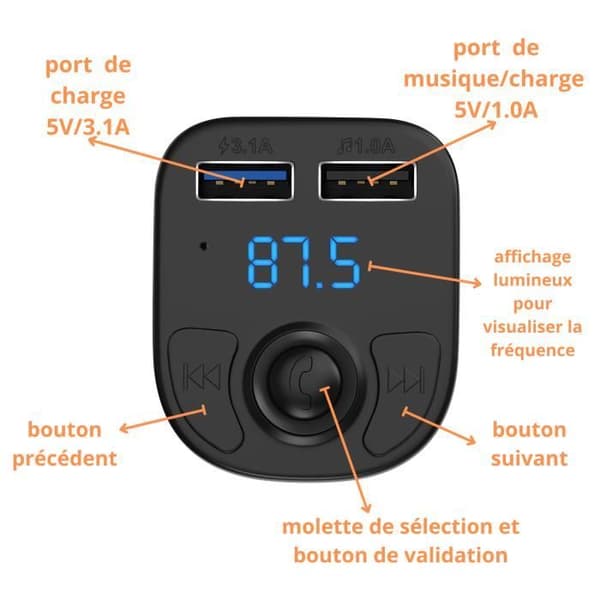 FM transmitter Bluetooth 5.0 - Phonillico - Radioadapter - USB-oplader - Håndfri - 2 USB-porte