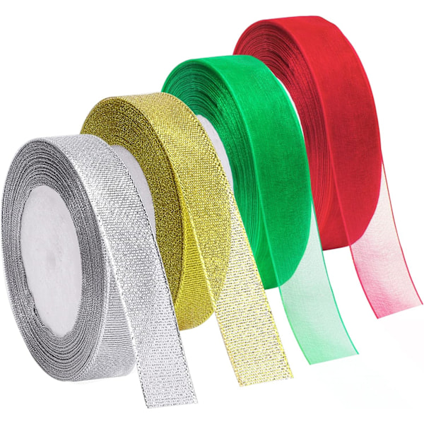 4 rullar 4/5 tum bred jul metalliska glitter organzaband Guld, silver, rött, grönt band för presentinslagning, julgransdekoration