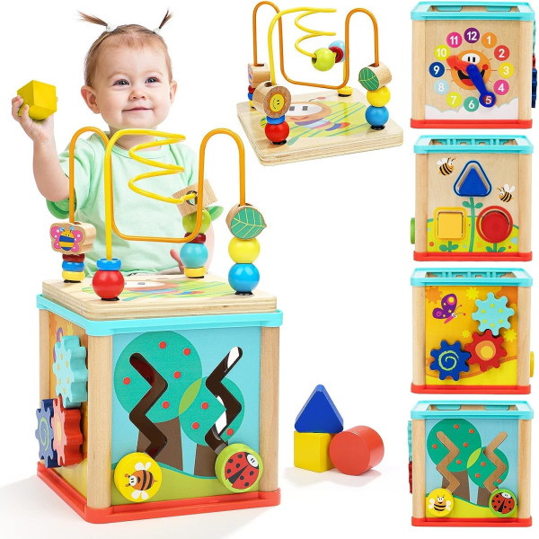 Montessorileksaker för 1-årig pojkeflicka, Aktivitetskubleksaker i trä för 1-årig flicka present, pedagogiska ettåriga leksaker Lärande baby för 12 M