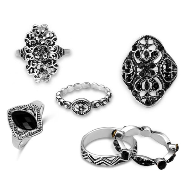 6 Pcs Fashionable Rings Sets Various Shape Hollow Alloy Jewelry for Lady Girl