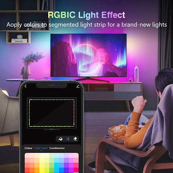 RGBIC LED-ljusremsa med kamera, TV-skärmssynkronisering, WiFi APP, musiksynkronisering, spel, sovrum, TV-bakgrundsbelysning, 5 m (lämplig för 65-75 tum) 3,8 m (lämplig för 55-56 tum)