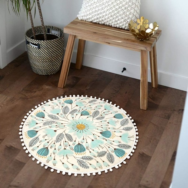 Liten rund matte 2' Sirkel Søt Badematte med dusker Frynser Blomsterplanter Baderomsmatte Vaskbar Myk, sklisikker rund matte Matte for Dusj Vask Servantrom