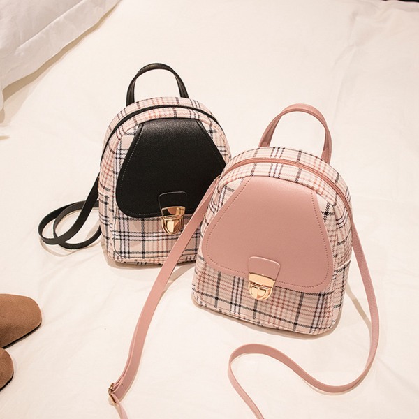 Kvinnor liten ryggsäck Söt rutigt mönster metallspänne miniväska Reseryggsäck för flickor Svart 19in