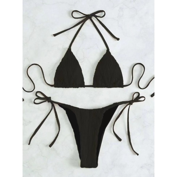Kvinnors baddräkt 2 delar halterneck slipsida enfärgad baddräkt badkläder bikini svart S