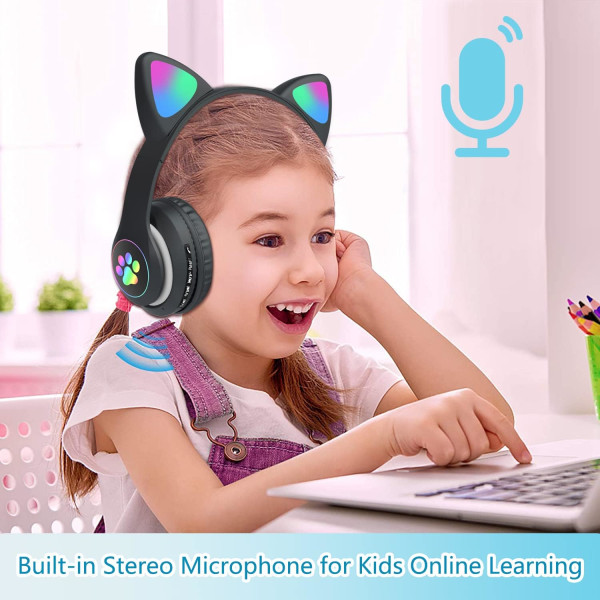 Sort-Bluetooth-hovedtelefoner, der kan foldes med LED-lys-lilla trådløse over-ear-hovedtelefoner med mikrofon, Bluetooth Cat Ear-hovedtelefoner til børn Teenagere Black