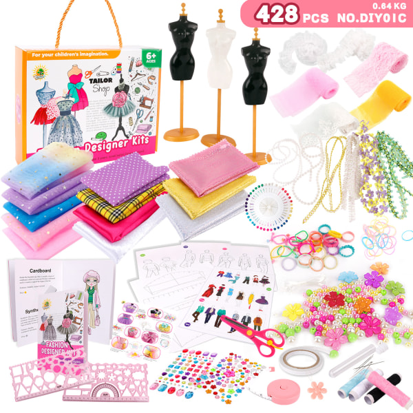 428 STK Fashion Design Kit til piger Kreativitet DIY Arts & Crafts Kit til børn med mannequiner, modedesigner skitsebog, sysæt til piger DIY01C