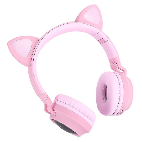 Bluetooth 5.0 Kattöron Hörlurar - Rosa, LED, Brusreducering, Stöd för Minneskort