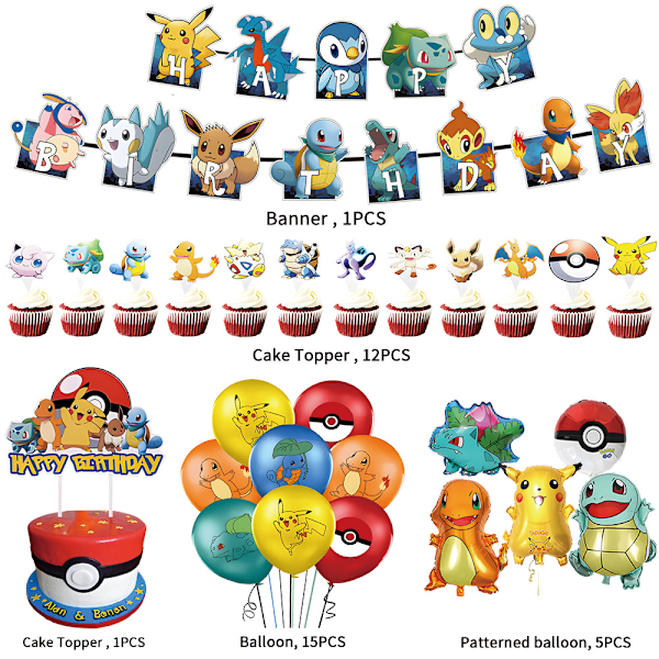 Pikachu Tema Bursdagsfest Dekorasjon Dra Flagg Rad Banner GS
