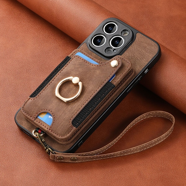 Etui i skinn til iPhone med RFID-beskyttelse, anti-tyveri børste ring spenne lanyard multifunksjons kortholder Brown [With Leather Lanyard]] iPhone 14 Pro