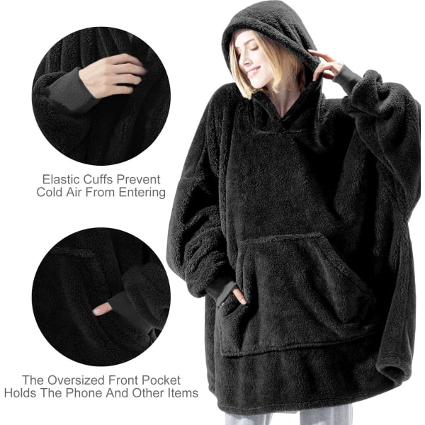 Hoodiefilt, Oversized Sherpa Hoodie, Bärbar Hoodie Sweatshirt Filt, Super Soft Warm Mysig filt Hoodie, One Size Passar Alla Vuxna black