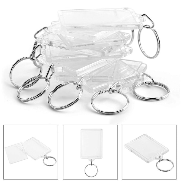 100 st Genomskinliga Tomma Akrylinsatser Fotoram Nyckelring Nyckelring Nyckelhållare DIY Delad Ring Nyckelkedja Present