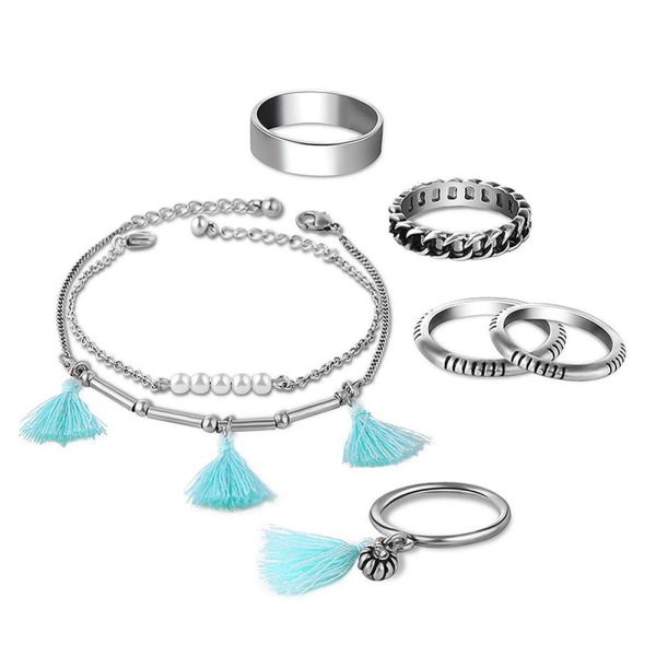 Elegant Women Lady Chain Bracelet Ring Alloy Jewelry Sets Tassel Pendant Accessory