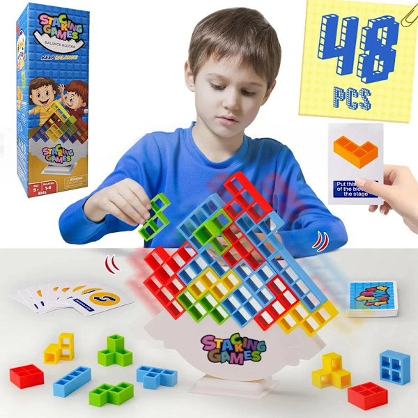 Byggkloss Leksak Balans Staplad Tetra Torn Spel Gunga Högt Ryska Byggklossar Stapelleksak för Barn (D) storlek, färg storlek, färg 48 block med bas