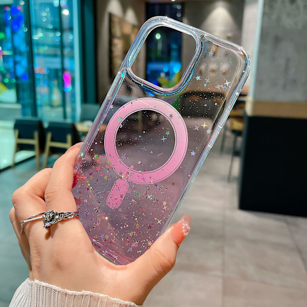 Magsafe Bling Glitter Gradient Stöttåligt Genomskinligt Anti-fodral för iPhone 15 Pro Max 15 Ultra Transparent Pink