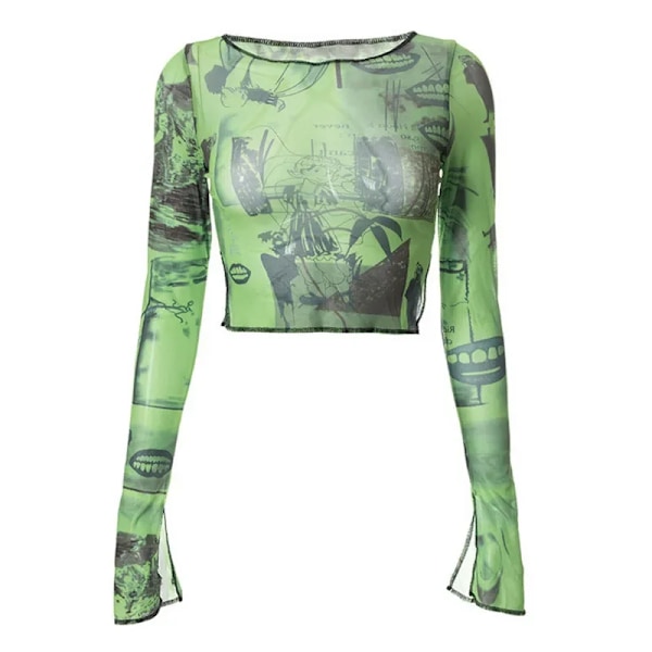 Naisten Muoti Kesä Syksy T-paidat Painatus Crop Topit Läpinäkyvät Pitkähihaiset Paidat Vaatteet Seksikäs Klubi Streetwear L M