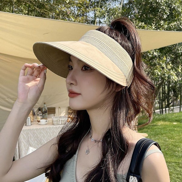 Solhatt Dame Solbeskyttelse Visir Lin Dame Solhatt Pakkbar Visir Hatt Caps Dame Sommer Strand Visir Sammenleggbar Rull Opp Hestehale GS