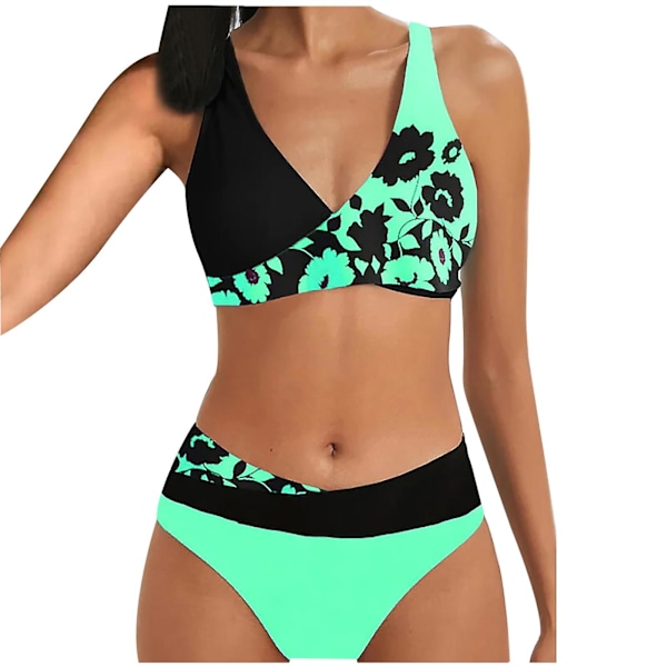 Baddräkt Dam Tryck Set Baddräkt Tvådelad BH Badkläder Strandkläder Dam Bikini Baddräkter Ljusblå L Green XXL